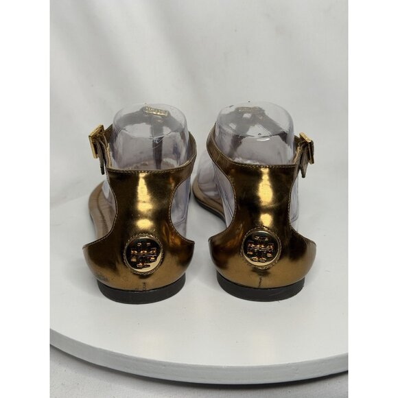 Tory Burch Metallic Leather T Strap Thong Sandals US 7.5 Gold Logo Flats - Picture 4 of 9